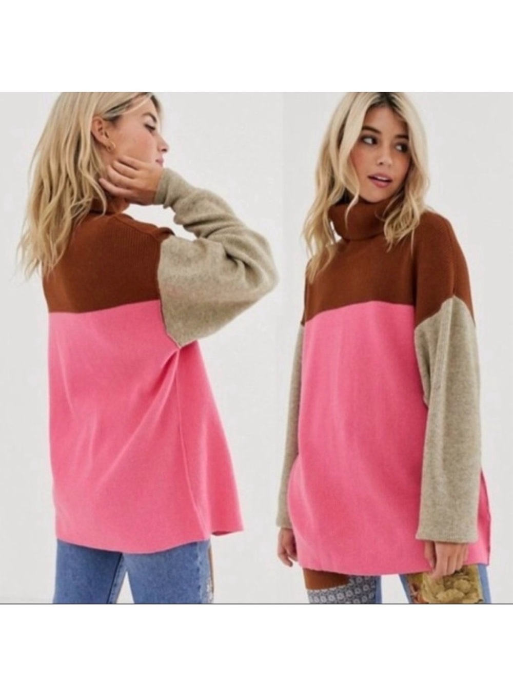 FREE PEOPLE Softly Structures Candy Pop Oversized Colorblock Turtleneck Sweater